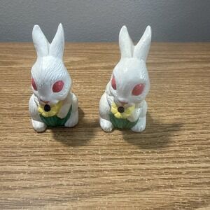 Two Hand‎ Painted Bunnies Holding Flowers